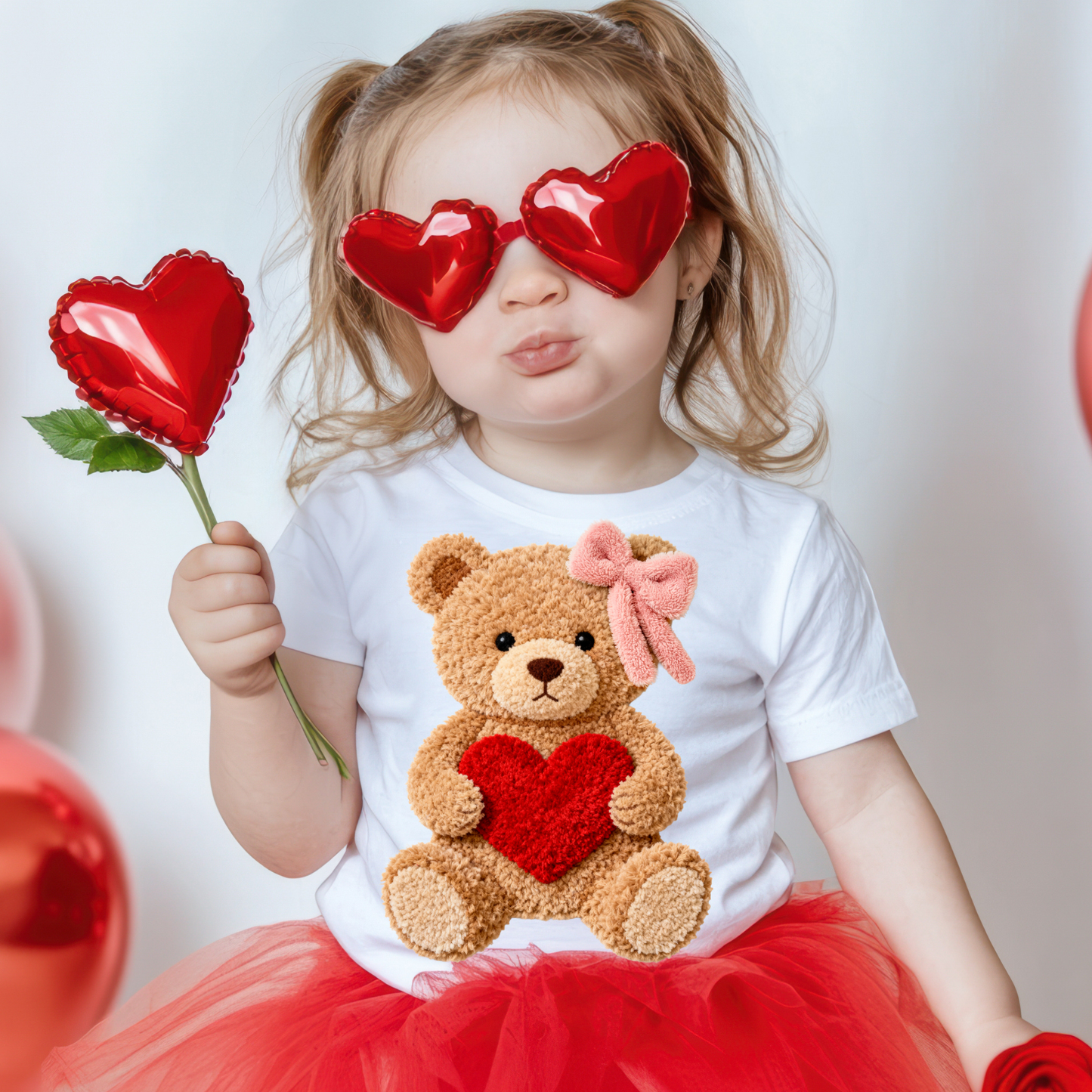 Pink bow teddy bear faux Yarn adult or kid Dtf Shirt Transfer