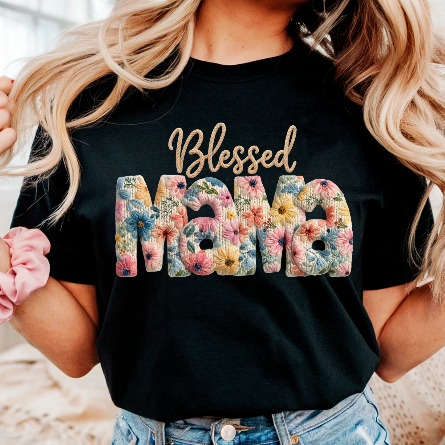 Blessed Mama Floral Crochet Dtf Shirt Transfer