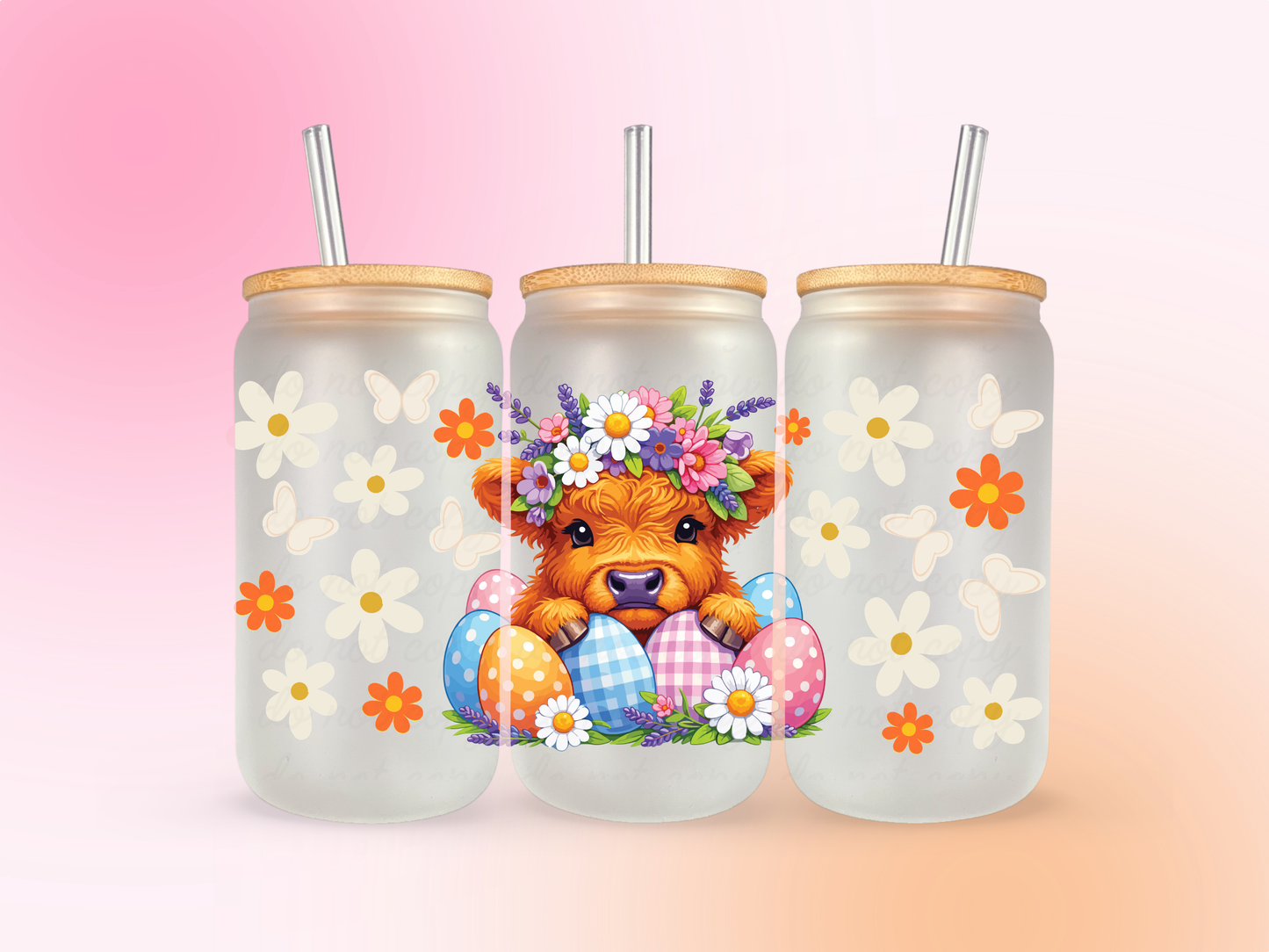 Easter Highland Cow UV DTF CUP WRAP
