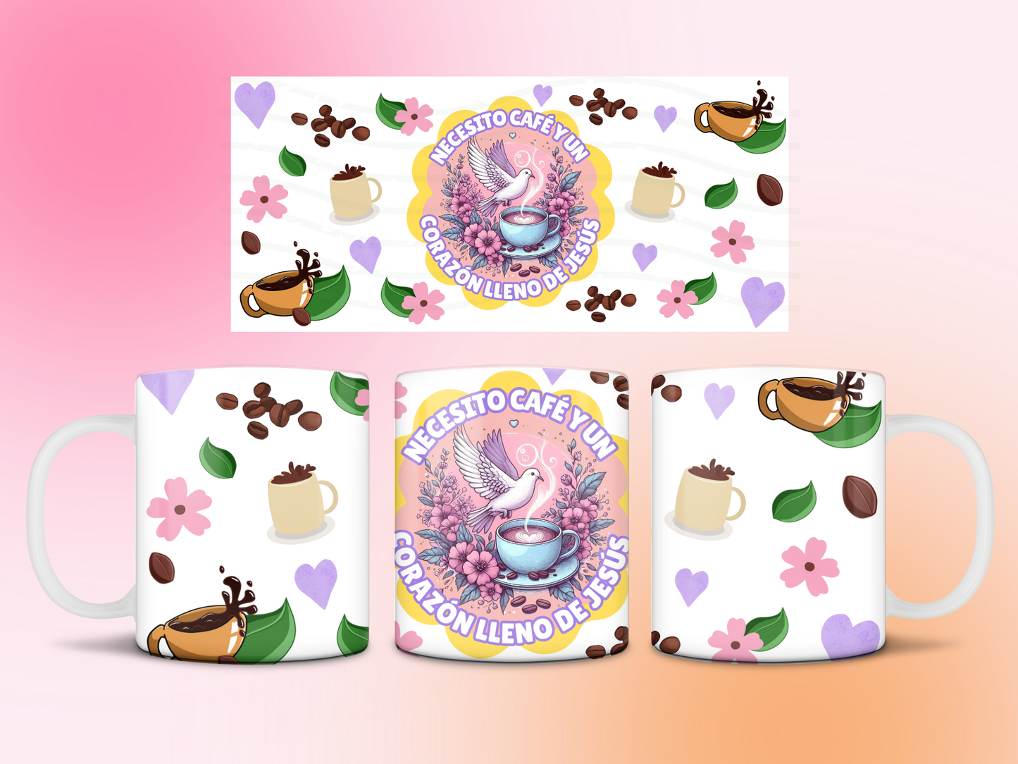Necesito Café y un corazón lleno de Jesús mug 11oz Sublimation transfer