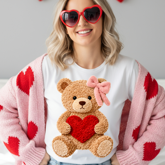 Pink bow teddy bear faux Yarn adult or kid Dtf Shirt Transfer