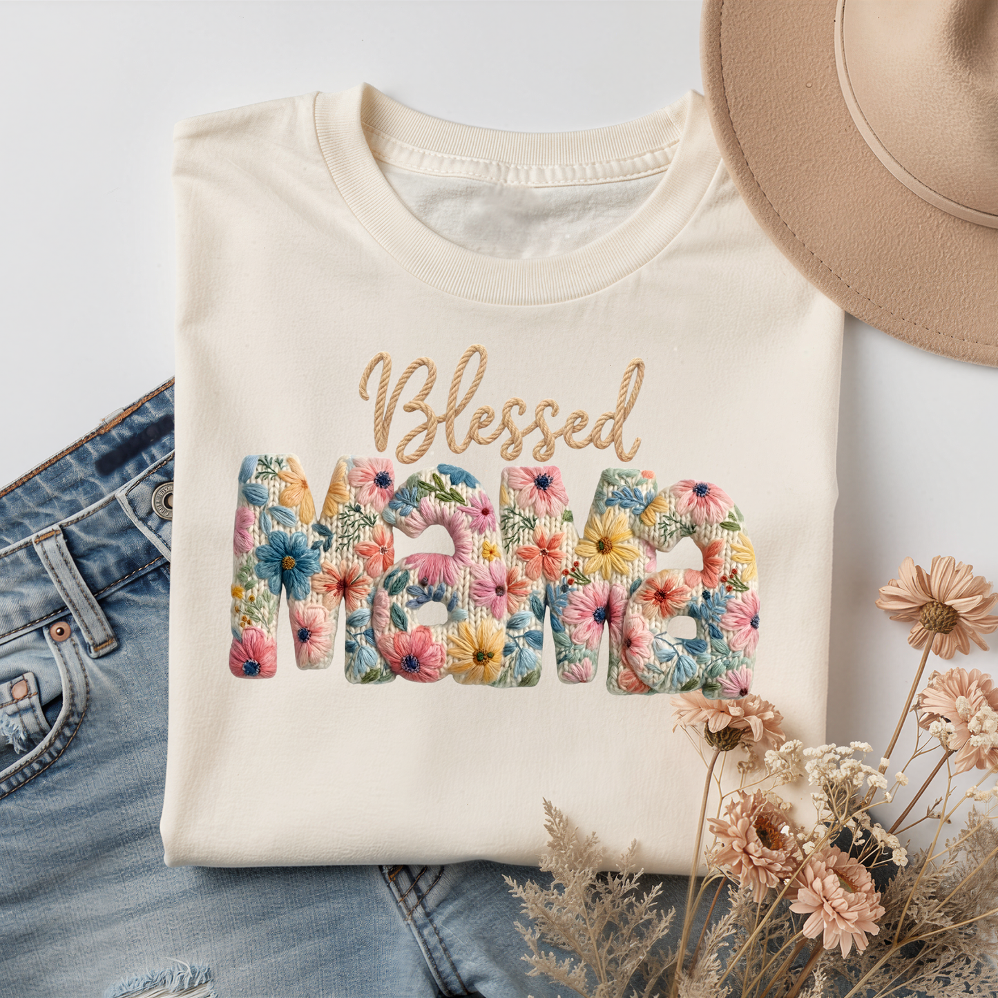 Blessed Mama Floral Crochet Dtf Shirt Transfer