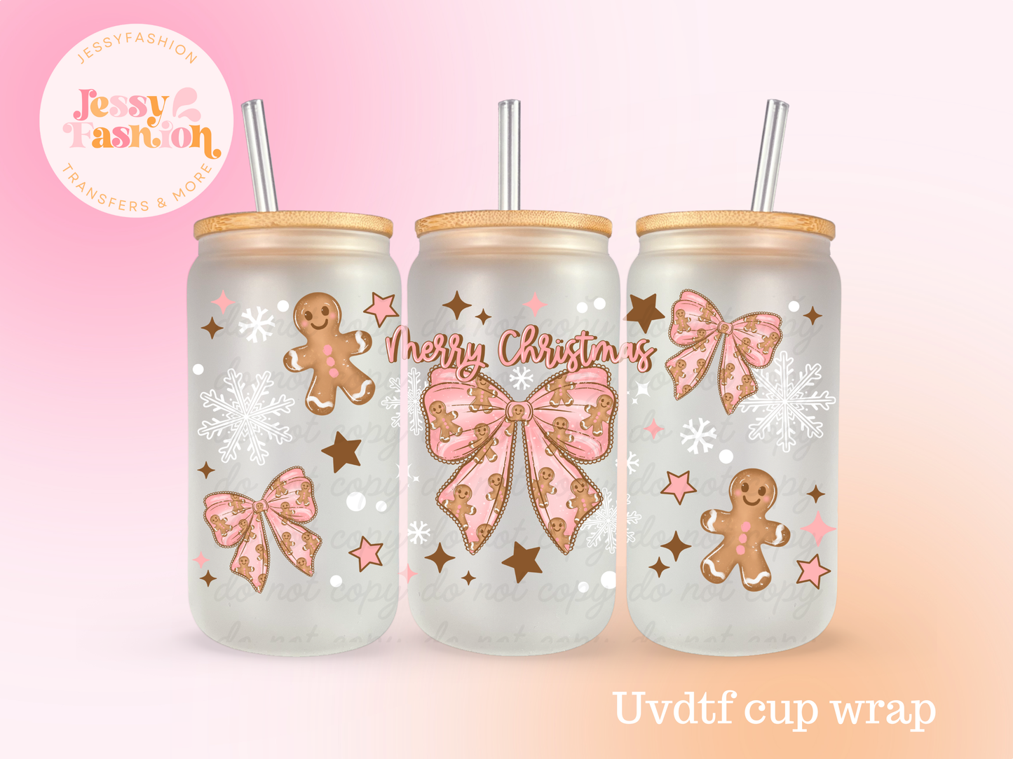 Merry Christmas Gingerman Bow UV DTF CUP WRAP
