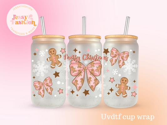 Merry Christmas Gingerman Bow UV DTF CUP WRAP