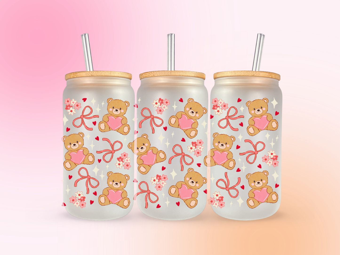 Teddy Bear Bow Flowers UV DTF CUP WRAP