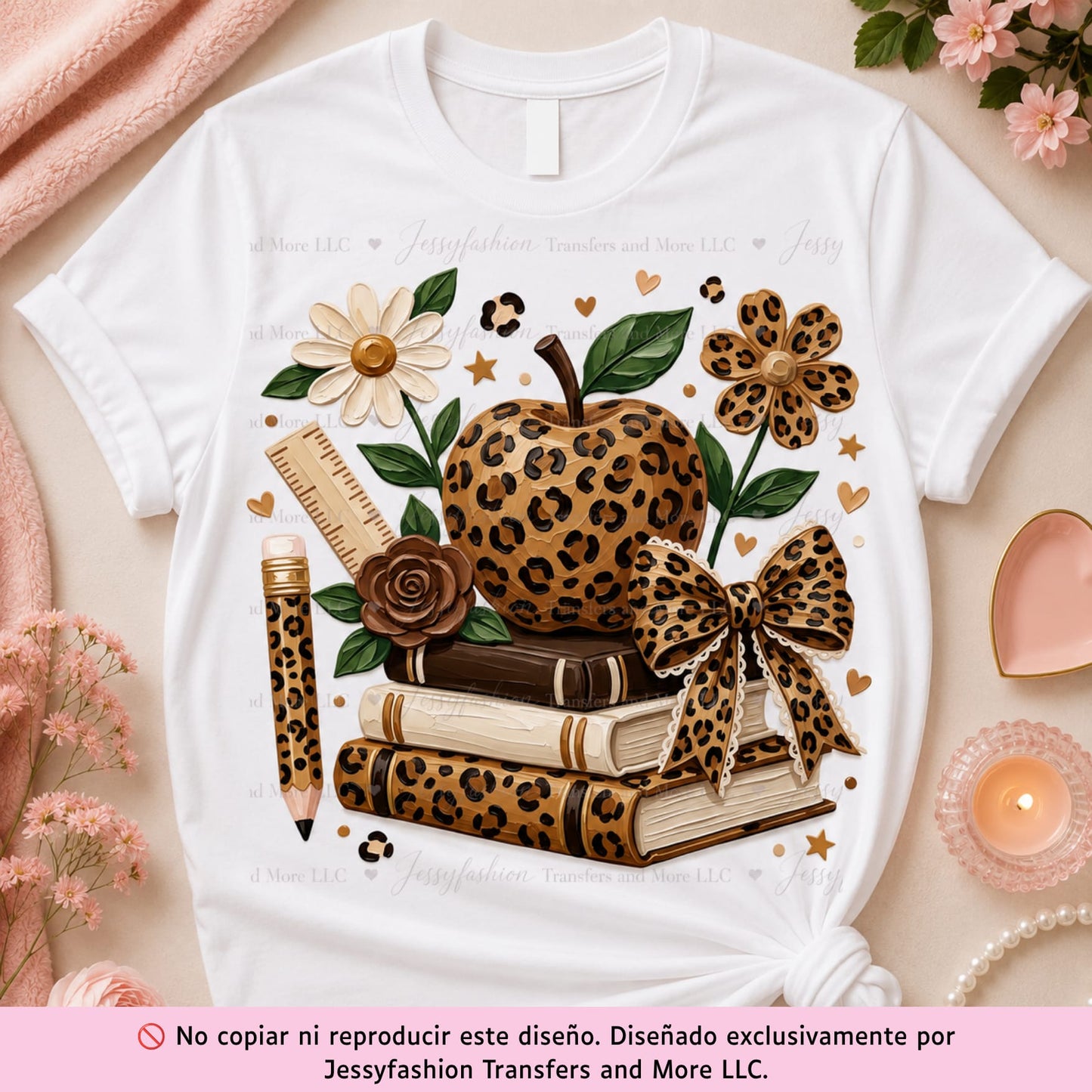 Leopard Apple & Books Stack Dtf shirt transfer