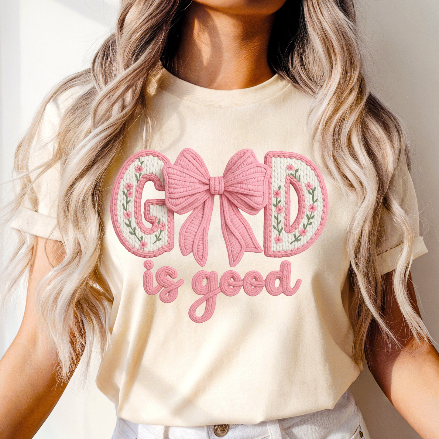God is good pink Crochet Dtf Shirt Transfer