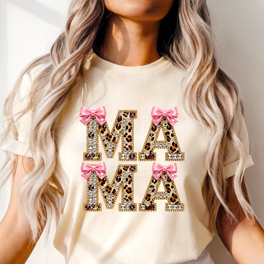 Mama Leopard pink bow Dtf Shirt Transfer