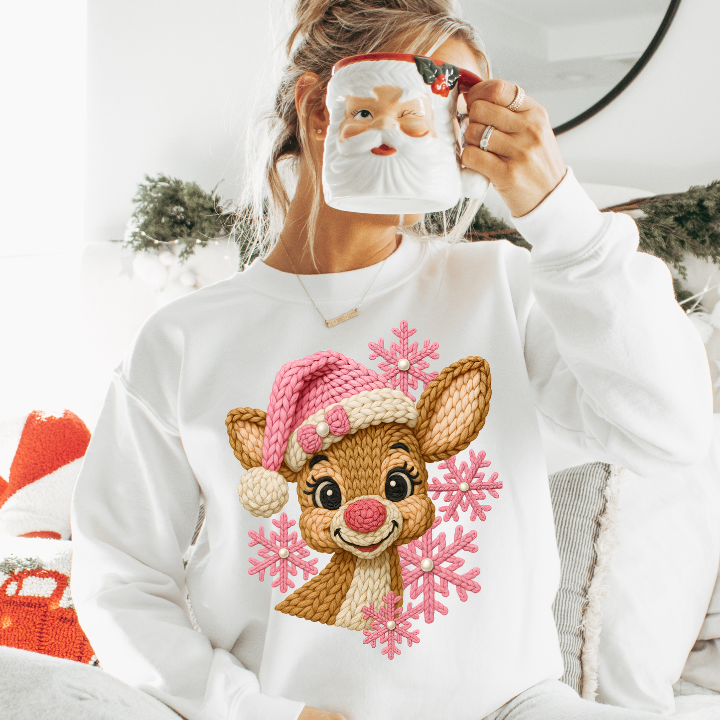 Pink reindeer Crochet Dtf Shirt Transfer