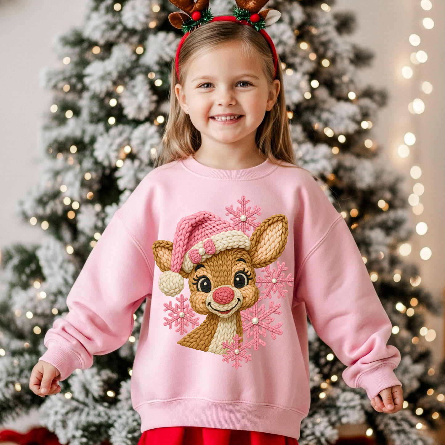 Pink reindeer Crochet Dtf Shirt Transfer